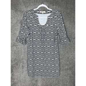 Aryeh Dress Women Size M Blue Geometric Stretch Pleated 3/4 Sleeve Ruffled Cuffs